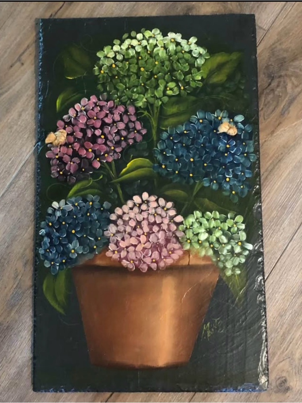 12” x 20” Hand Painted Slate with Hydrangea Blooms in Clay Pot - Artist Signed